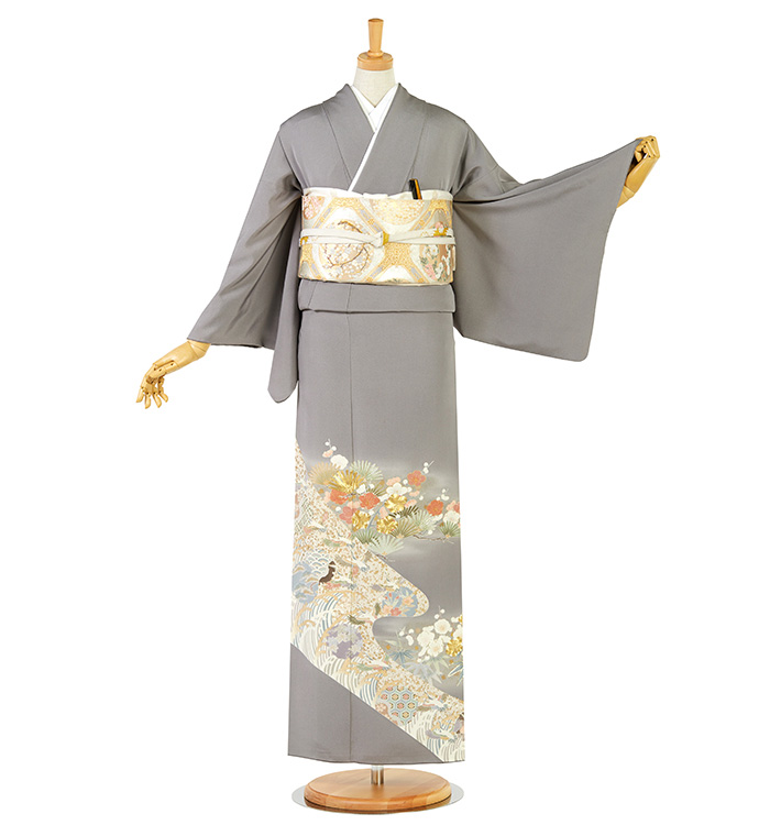 色留袖　１ツ紋　二重輪ニイチョウ　／388 中古）色留袖 オレンジ フォーマル 一つ紋 金彩 刺繍 鶴 道長取り 青海