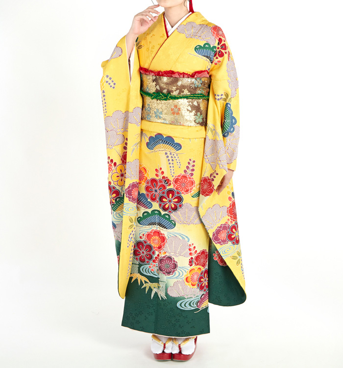 振袖 花柄 マスタード色。※襦袢付きです！