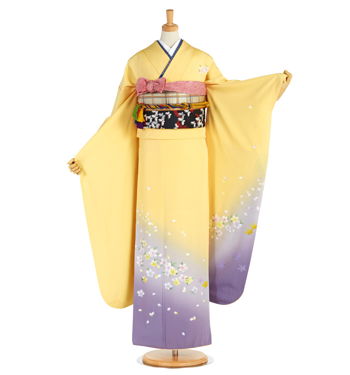 振袖 花柄 マスタード色。※襦袢付きです！