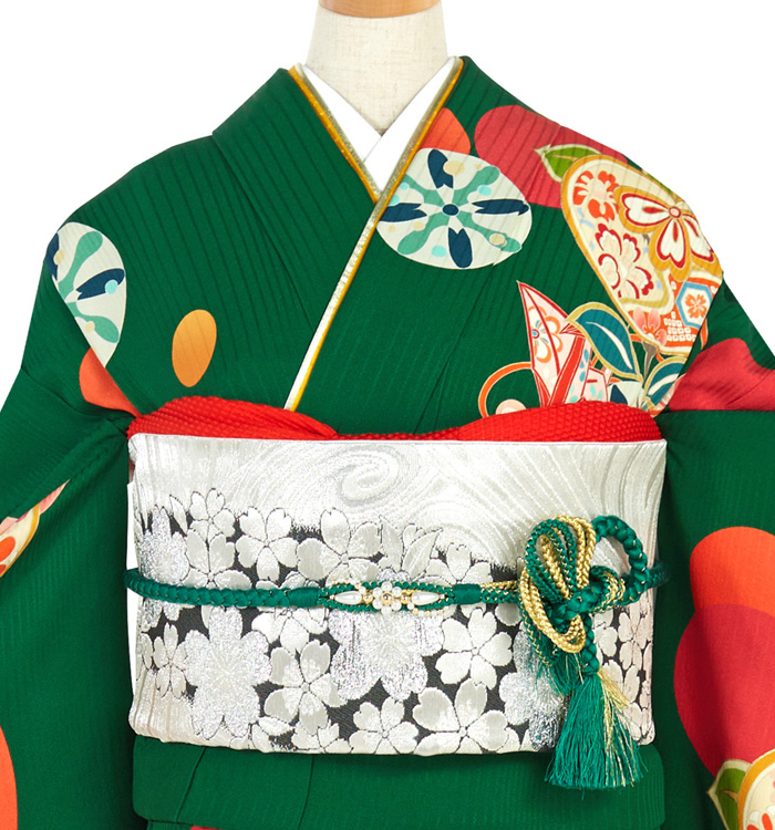 1/2成人花柄着物と緑色の帯 振袖 No.EA-3195-Mサイズのレンタル｜きもの365