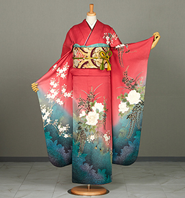 振袖2L 水色　トールサイズ　着物のみ トールサイズ【桜に流水◇紋意匠地振袖】ロイヤルブルー×ライト