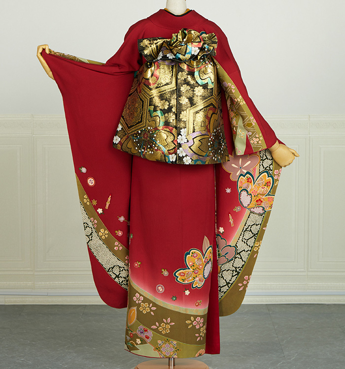 美品正絹お振袖7点フルセットM～Lサイズ赤×オレンジ】