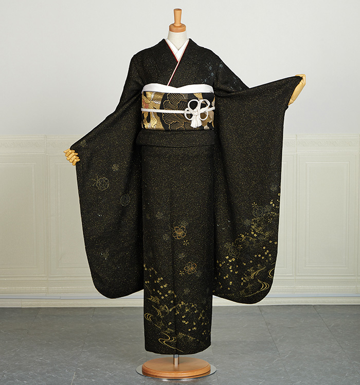 季節の花々 黒色 金彩 金通し キラキラ 成人式 振袖・襦袢セット 季節の花々 黒色 金彩 金通し キラキラ 成人式 振袖・襦袢セット