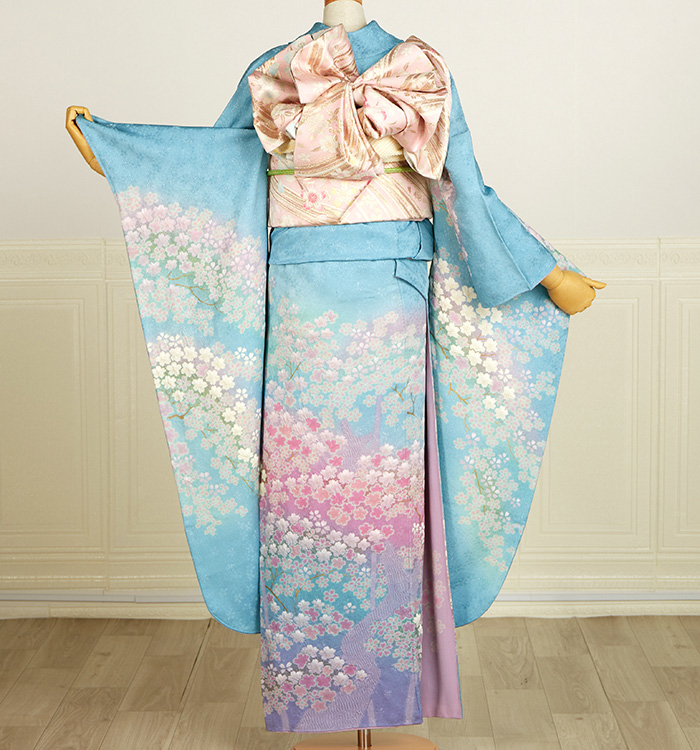 総絞り高級振袖　重ね衿付き　身丈 160cm　裄丈 67cm 青水色ピンク花柄 総絞り高級振袖 重ね衿付き 身丈 160cm 裄丈 67cm 青水色ピンク花柄 総