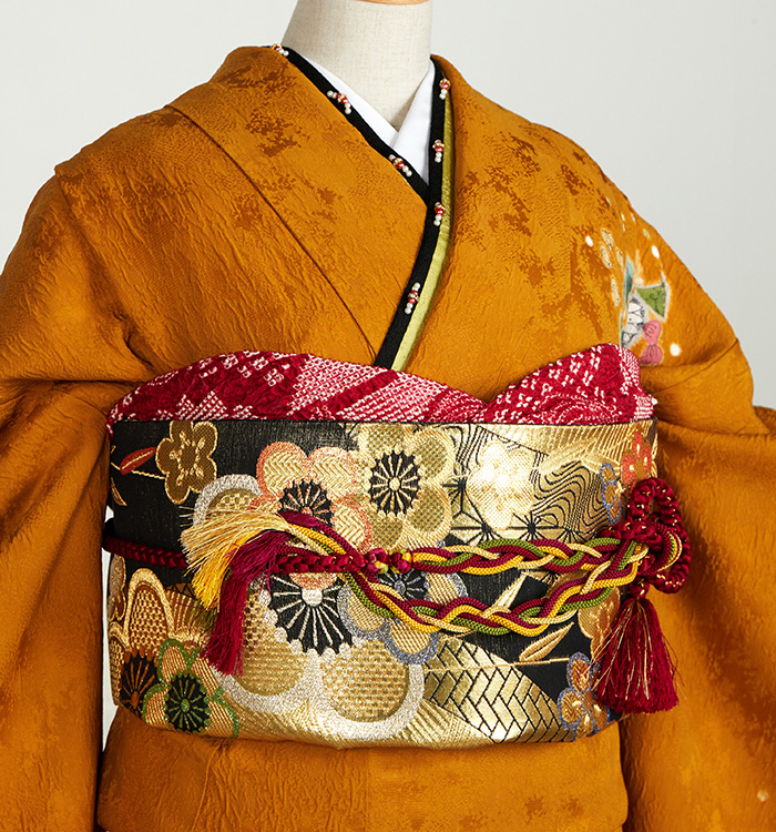振袖　辻ヶ花　付下げに可能　L〜LL  茶(金)系　正絹 振袖レンタル 振袖Lサイズ 辻が花文様 金茶/グリーン｜着物レンタル