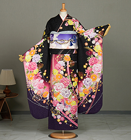 316逸品 ラメ正絹振り袖❀金通し地【黒アシンメトリー毬桜】3点