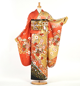 振袖 オレンジ 花柄 着物　絞り　成人式 振袖レンタル 振袖Lサイズ 総絞り 菊牡丹 オレンジ｜着物