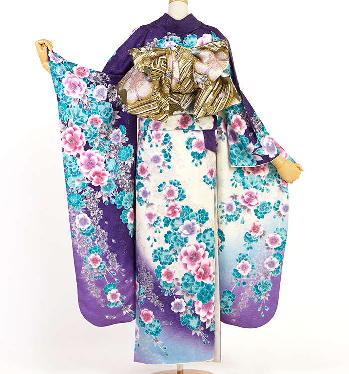 紫色と青色の花柄着物 160サイズ 振袖（専用襦袢付）No.EA-4314-Lサイズのレンタル｜きもの365