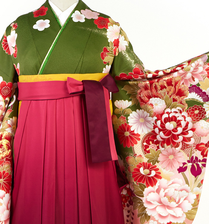 卒業袴セット 袴 セット 卒業式 女性 4点セット「二尺袖：銀木犀 黒色＋袴：黒 椿＋