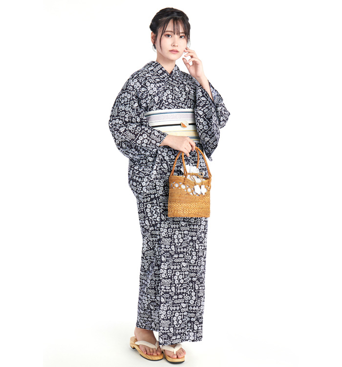 長板豆引染 浴衣 正絹博多織小袋帯・帯留付き No.LF-0013-Fサイズ