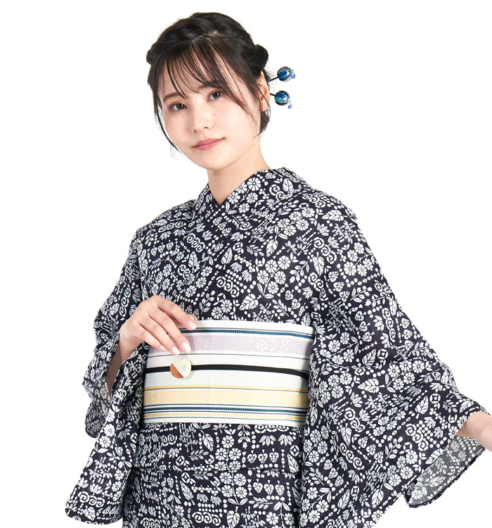 長板豆引染 浴衣 正絹博多織小袋帯・帯留付き No.LF-0013-Fサイズ_02