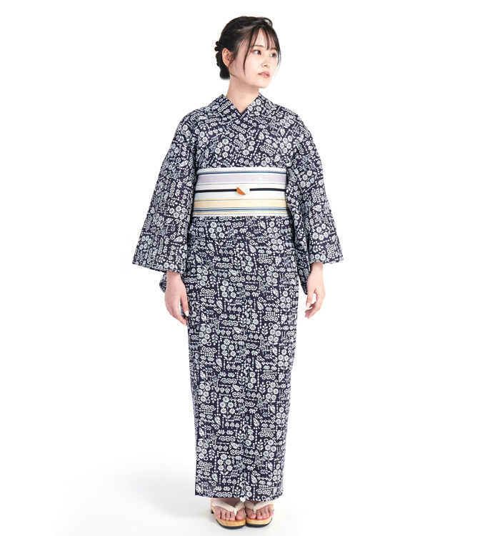 長板豆引染 浴衣 正絹博多織小袋帯・帯留付き No.LF-0013-Fサイズ_03