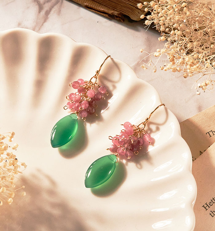 グリーンオニキスマーキス×ピンクトルマリンふさふさピアス№5T-961 No