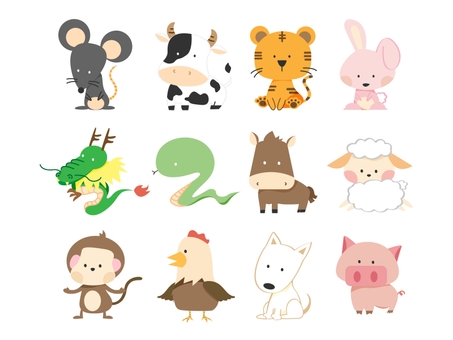 12 animals symbolic of the earthly branches, zodiac, cow, rabbit, JPG and AI