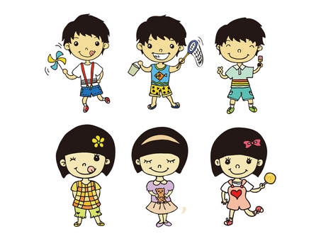Collection of hand drawn illustrations of boys and girls having fun. summer., Collection of hand drawn illustrations of boys and girls having fun. summer., people, tiny, cute,