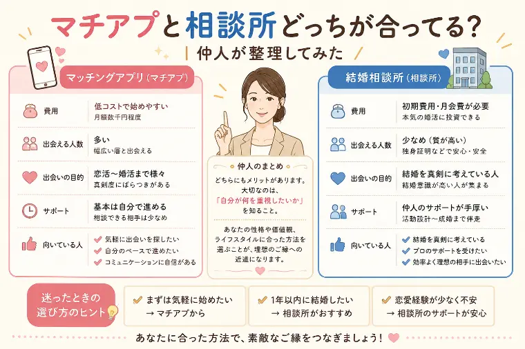マチアプと相談所どっちが合ってる？仲人が整理してみた