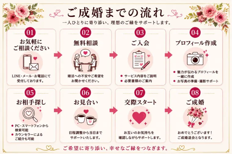 結婚相談所に入会したら、どんな流れで成婚まで進むの？