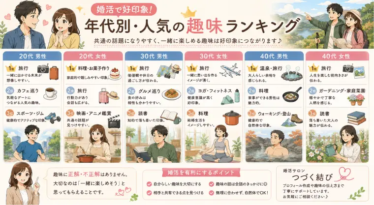 婚活で好印象！年代別・人気の趣味ランキング🏆