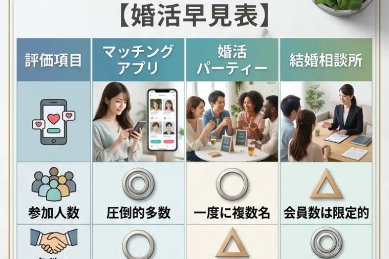 婚活の主な3つの方法【マチアプ・パーティー・結婚相談所】