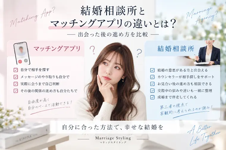 結婚相談所とマッチングアプリの違いとは？婚活の進め方