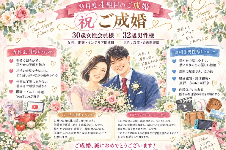 【速報：㊗️ご成婚  9月度4組目のご成婚です】