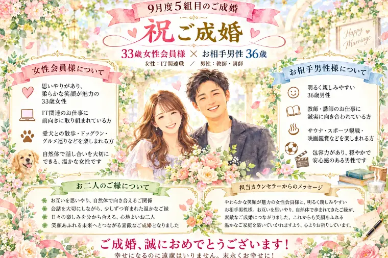 【速報：㊗️ご成婚！】  9月度5組目のご成婚です