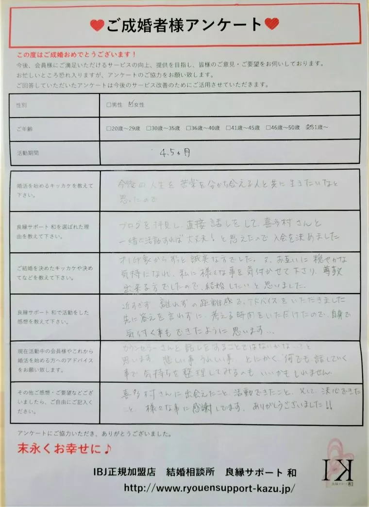 50代後半の女性会員様から届いた『ご成婚者様アンケート』