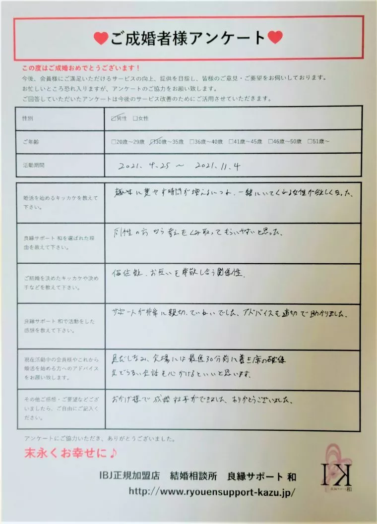 30代前半の男性会員様から届いた『ご成婚者様アンケート』