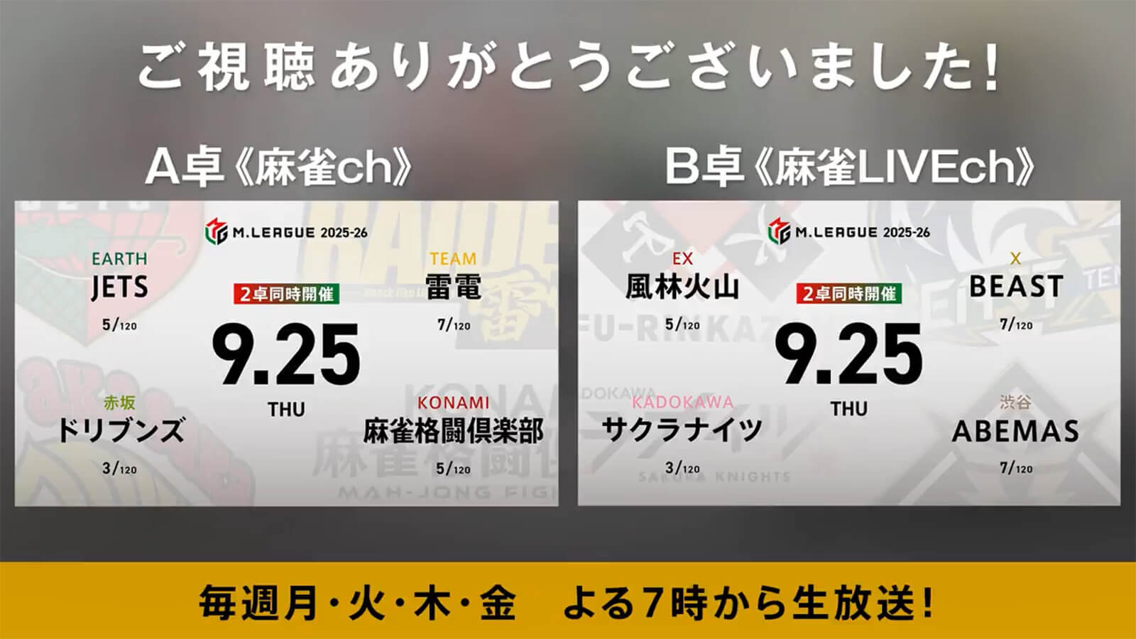 石井一馬 VS 浅見真紀 VS 滝沢和典 VS 黒沢咲　二階堂亜樹 vs 阿久津翔太 vs 日向藍子 vs 下石戟 いよいよ2卓同時開催がスタート！【Mリーグ2025-26 9/25 レギュラー7日目 第1試合メンバー】