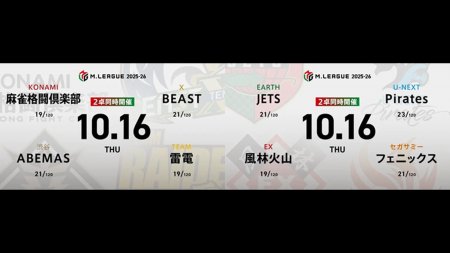 佐々木寿人 VS 松本吉弘 VS 黒沢咲 VS 鈴木大介 石井一馬 VS 内川幸太郎 VS 竹内元太 VS 瑞原明奈！佐々木寿人の魂の闘牌に注目！【Mリーグ2025-26 10/16 レギュラー19日目 第1試合メンバー】