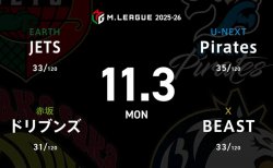 逢川恵夢 VS 鈴木たろう VS 中田花奈 VS 鈴木優 11月の初陣！浮上を目指すJETS・逢川恵夢の戦いに注目！【Mリーグ2025-26 11/3 レギュラー29日目 第1試合メンバー】