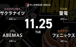 堀慎吾 VS 日向藍子 VS 竹内元太 VS 瀬戸熊直樹 マイナス圏の4チーム、浮上に向けて前進するのは!?【Mリーグ2025-26 11/25 レギュラー42日目 第1試合メンバー】