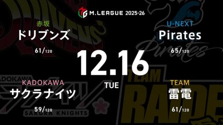渡辺太 VS 岡田紗佳 VS 本田朋広 VS 鈴木優 順位浮上を目指したいサクラナイツの戦いに注目！【Mリーグ2025-26 12/16 レギュラー54日目 第1試合メンバー】