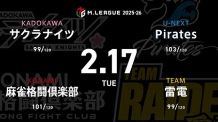 渋川難波 VS 滝沢和典 VS 瀬戸熊直樹 VS 瑞原明奈 サクラナイツとPirates、浮上に向けて意地を見せられるか！【Mリーグ2025-26 2/17 レギュラー86日目 第1試合メンバー】