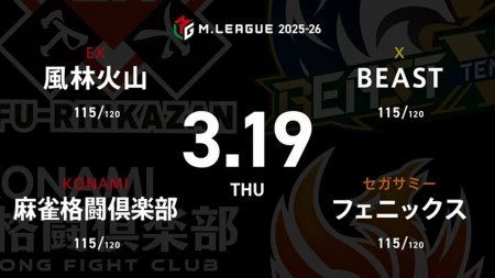 勝又健志 VS 伊達朱里紗 VS 醍醐大 VS 下石戟 レギュラー103日目！風林火山と麻雀格闘倶楽部の首位攻防戦！下石のMVPチャレンジにも注目?【Mリーグ2025-26 3/19 レギュラー103日目 第1試合メンバー】