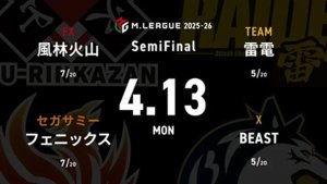 勝又健志 VS 竹内元太 VS 鈴木大介 VS 瀬戸熊直樹 セミファイナルシリーズ5日目！ファイナル進出の為には加点が必須な雷電の戦いに注目！【Mリーグ2025-26 4/13 セミファイナル5日目 第1試合メンバー】