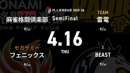滝沢和典 VS 竹内元太 VS 瀬戸熊直樹 VS 中田花奈 セミファイナルシリーズ7日目！4位に浮上した雷電は更なる加点を決められるか！？【Mリーグ2025-26 4/16 セミファイナル7日目 第1試合メンバー】
