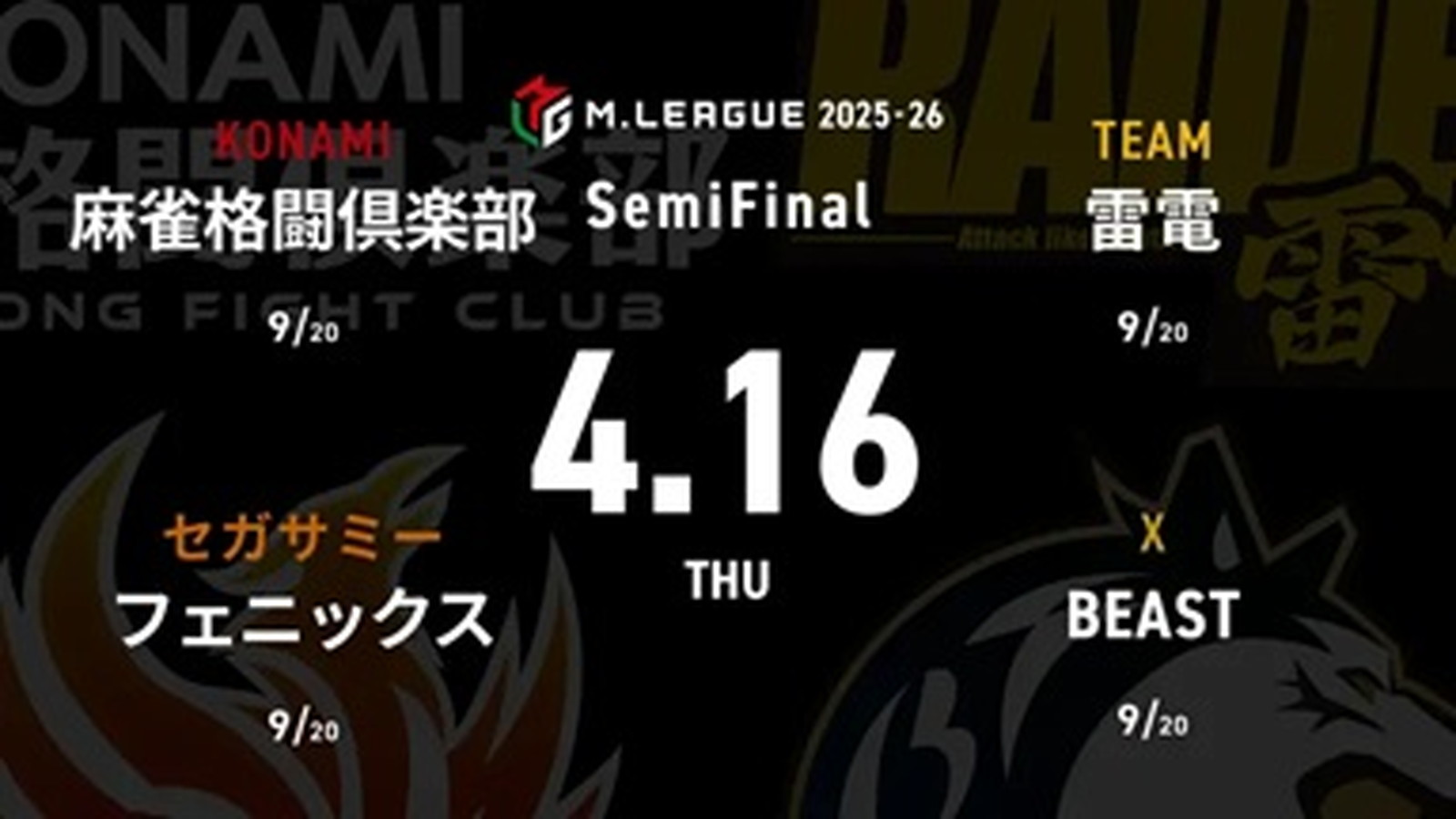 滝沢和典 VS 竹内元太 VS 瀬戸熊直樹 VS 中田花奈 セミファイナルシリーズ7日目！4位に浮上した雷電は更なる加点を決められるか！？【Mリーグ2025-26 4/16 セミファイナル7日目 第1試合メンバー】
