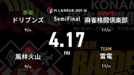 鈴木たろう VS 永井孝典 VS 佐々木寿人 VS 萩原聖人 セミファイナルシリーズ8日目！雷電の更なる前進か？ドリブンズが意地を見せるか！？【Mリーグ2025-26 4/17 セミファイナル8日目 第1試合メンバー】