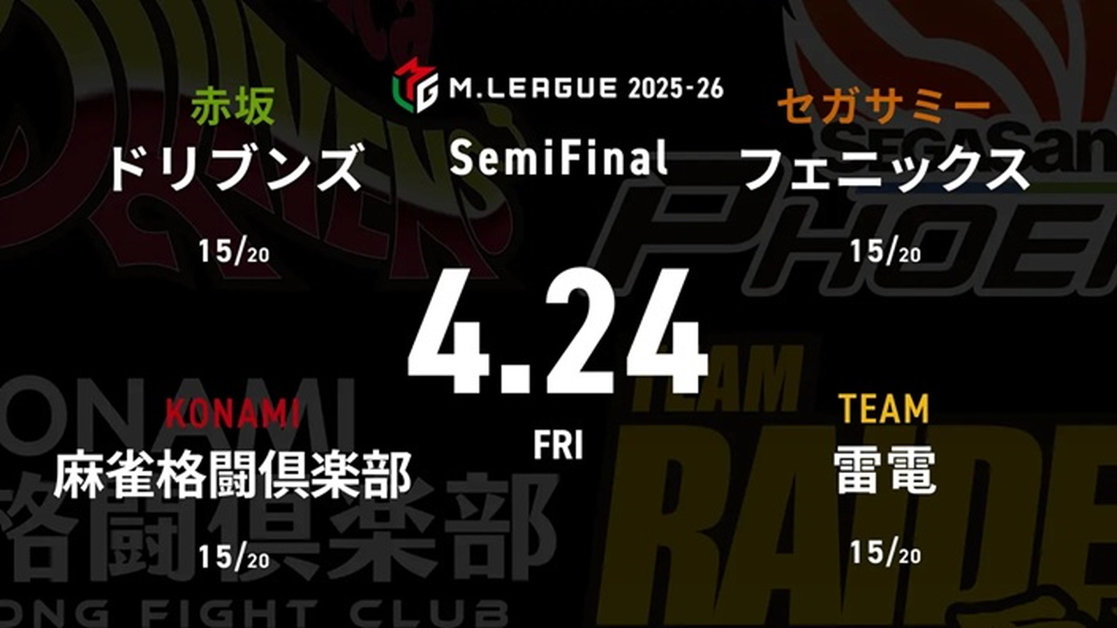 鈴木たろう VS 佐々木寿人 VS 竹内元太 VS 本田朋広 セミファイナルシリーズ12日目!ファイナル進出を争う3位から6位のチームの大一番!【Mリーグ2025-26 4/24 セミファイナル12日目 第1試合メンバー】