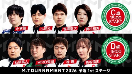 【Mトーナメント2026 予選1st C卓D卓メンバー】C卓は小林剛 小川光 塩澤彰大 奥村朋美 D卓は石原真人 HIRO柴田 徐曄 魚谷侑未 が出場！