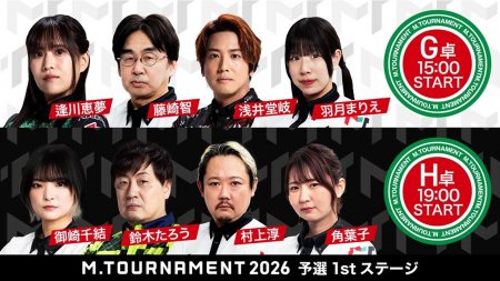【Mトーナメント2026 予選1st G卓H卓メンバー】G卓は逢川恵夢 藤崎智 浅井堂岐 羽月まりえ H卓は御崎千結 鈴木たろう 村上淳 角葉子 が出場！G卓1回戦までは無料放送！