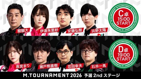 【Mトーナメント2026 予選2nd C卓D卓メンバー】C卓は醍醐大 伊達朱里紗 安藤弘樹 浜野太陽 D卓は高宮まり 瀬戸熊直樹 忍田幸夫 石井一馬 が出場！C卓1回戦までは無料放送！
