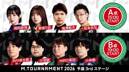 【Mトーナメント2026 予選3rd A卓B卓メンバー】A卓は岡田紗佳 東城りお 塩澤彰大 松本吉弘 B卓は内川幸太郎 小池諒 HIRO柴田 小林剛 が出場！
