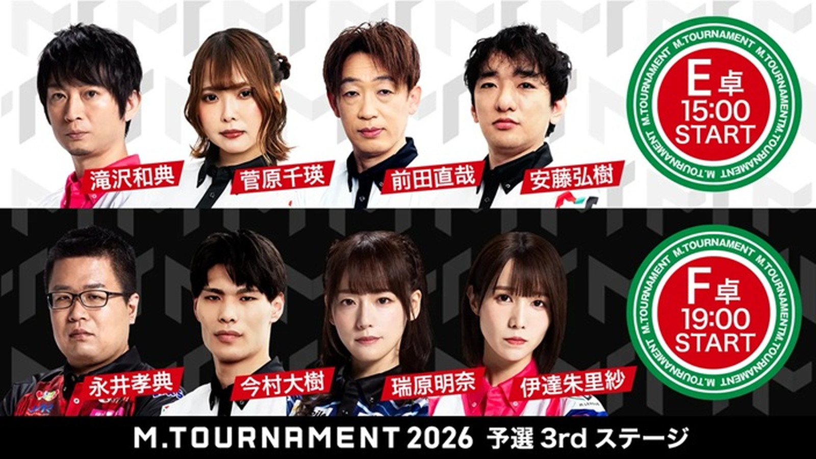 【Mトーナメント2026 予選3rd E卓F卓メンバー】E卓は滝沢和典 菅原千瑛 前田直哉 安藤弘樹 F卓は永井孝典 今村大樹 瑞原明奈 伊達朱里紗 が出場!