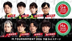 【Mトーナメント2026 予選3rd G卓H卓メンバー】G卓は下石戟 渡辺太 浅見真紀 忍田幸夫 H卓は二階堂亜樹 多井隆晴 萩原聖人 瀬戸熊直樹 が出場!G卓1回戦までは無料放送!