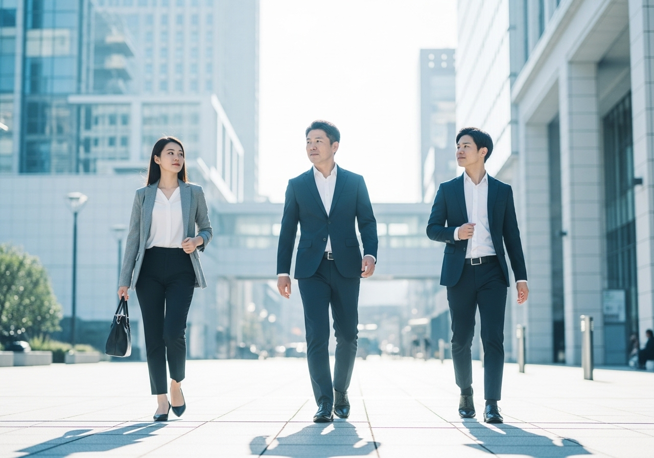 3人の異なる人物が、それぞれの目的に向かって歩いている様子。ユーザーの状況に応じたアドバイスを表現。