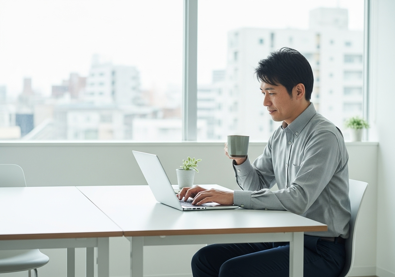 コーヒーを飲みながらリラックスした表情でノートパソコンを操作している人。サービスの使い心地を試している。