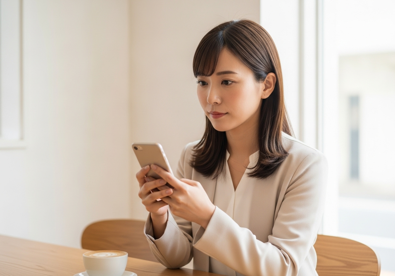 カフェで女性がスマートフォンを操作している様子。美容室を予約サイトやSNSで探しているシーンを表現。