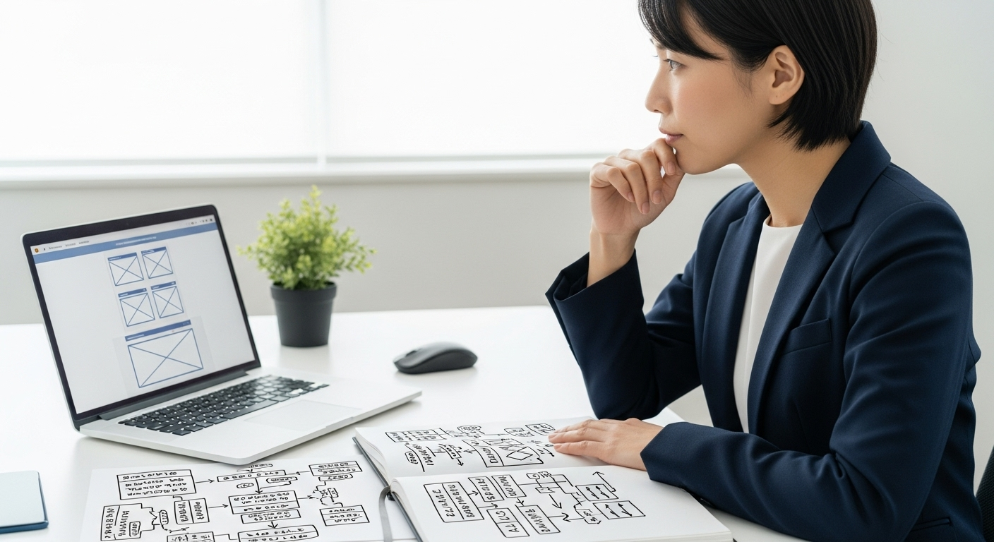 ホームページ作成の計画を練っている人が、ノートパソコンとメモ帳を前に少し悩んでいる様子。後悔しないための計画の重要性を象徴している。